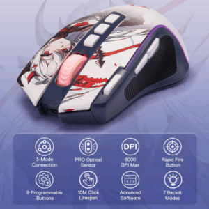 Core Printed Redragon M612AK PRO RGB Gaming Mouse, 8000 DPI Wired/Wireless Optical Mouse with 9 Programmable Buttons